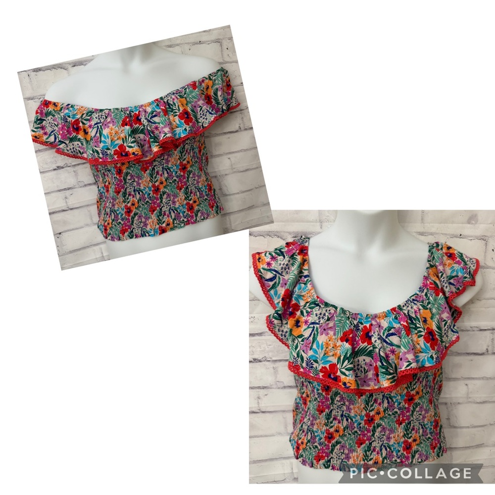 Lost + Wonder‎ 1X Floral Crop Top Off Shoulder Smocked Stretch Ruffle Feminine